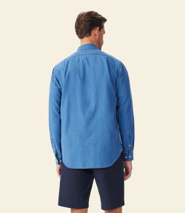 RM Williams Arno indigo shirt in aged indigo, rear fit on model