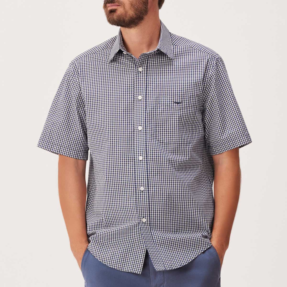 RM WILLIAMS Classic Poplin Check Short Sleeve Shirt - Men's - Navy & Charcoal