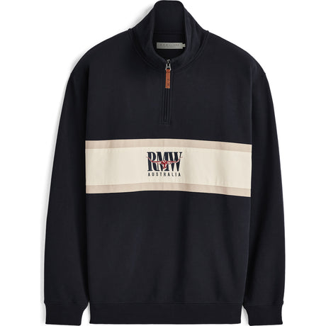 RM Williams Classic R.M.W. Quarter Zip Sweatshirt in Navy on white background