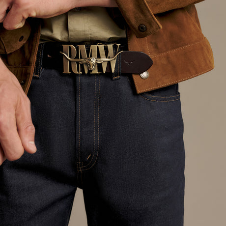 RM Williams Heritage Buckle in Brass worn with a Traditional belt