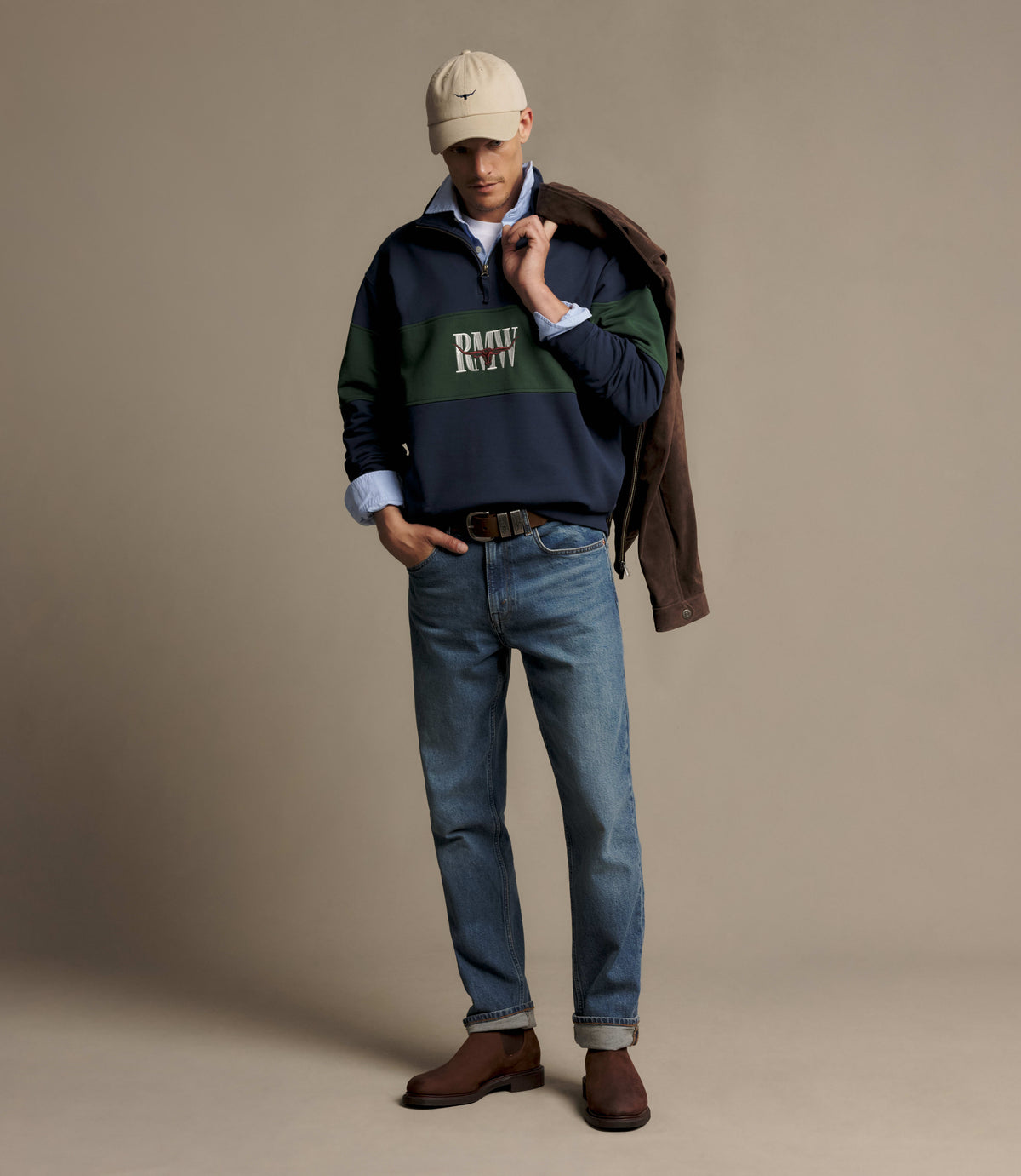 RM Williams Heritage panel quarter-zip - Worker Blue, product view 2