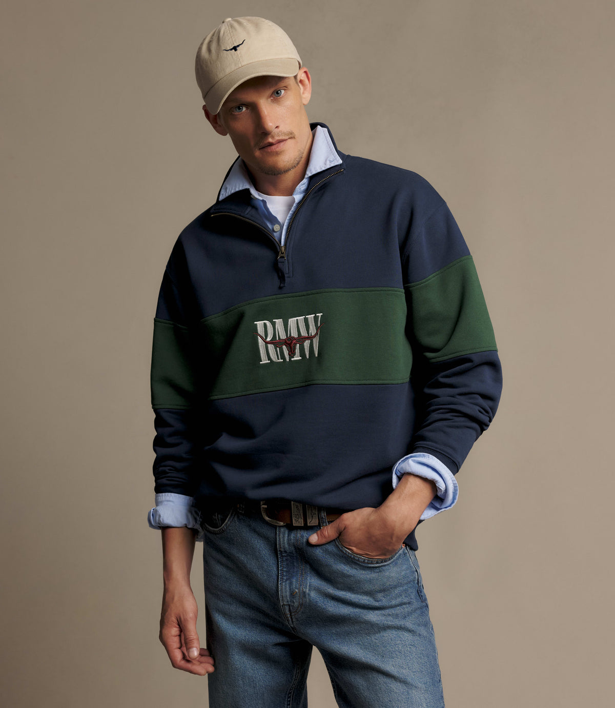 RM Williams Heritage panel quarter-zip - Worker Blue, product view 3