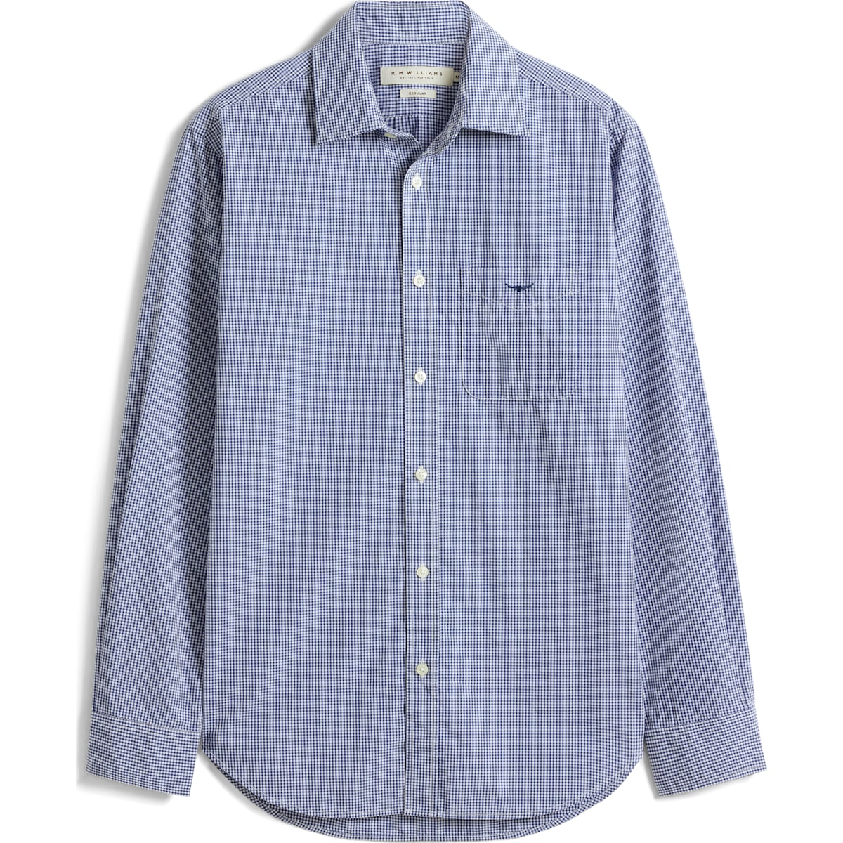 RM Williams Auburn Poplin Check Shirt in Navy White on white background