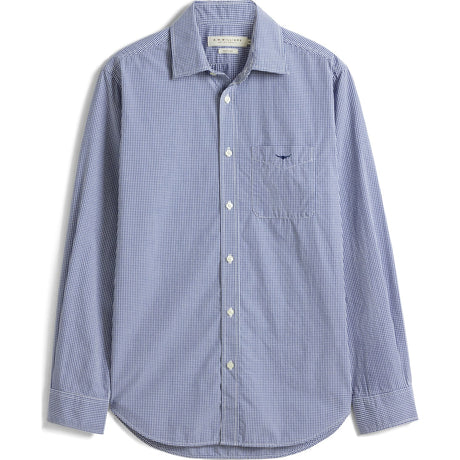 RM Williams Auburn Poplin Check Shirt in Navy White on white background
