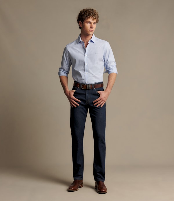RM Williams Men's Sommers Poplin Stripe Shirt - White Blue, full outfit on model