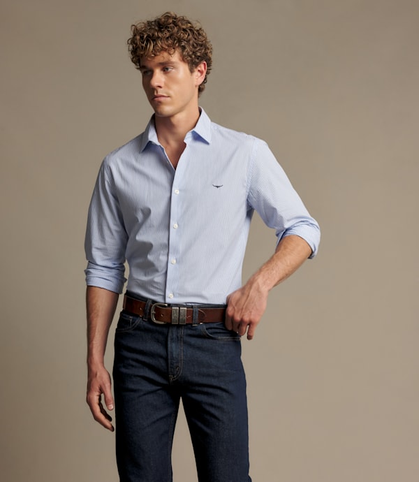 RM Williams Men's Sommers Poplin Stripe Shirt - White Blue, front fit on model
