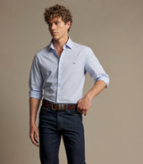 RM Williams Men's Sommers Poplin Stripe Shirt - White Blue, front fit on model