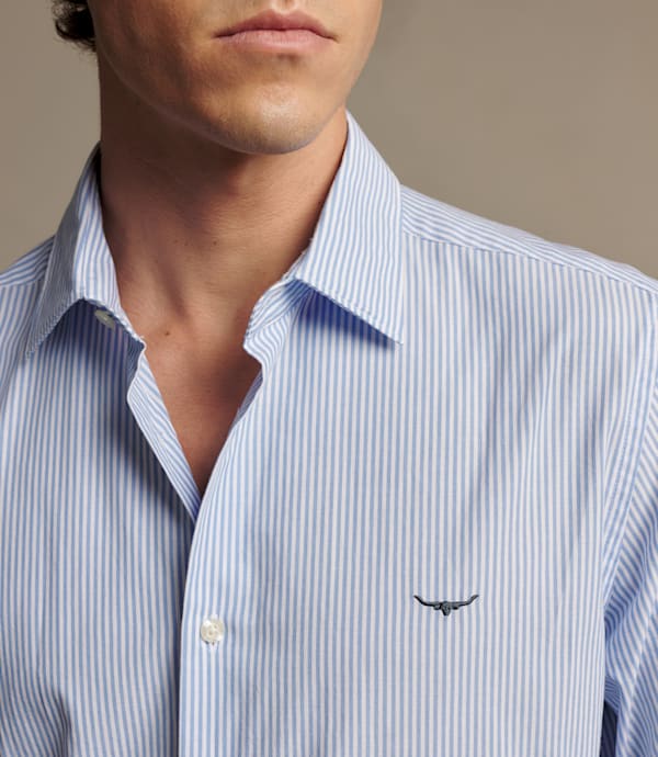 RM Williams Men's Sommers Poplin Stripe Shirt - White Blue, collar and Longhorn embroidery detail