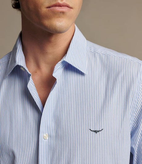 RM Williams Men's Sommers Poplin Stripe Shirt - White Blue, collar and Longhorn embroidery detail