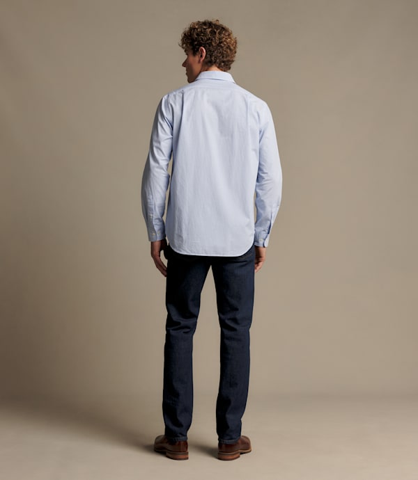 RM Williams Men's Sommers Poplin Stripe Shirt - White Blue, rear fit on model