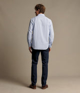 RM Williams Men's Sommers Poplin Stripe Shirt - White Blue, rear fit on model
