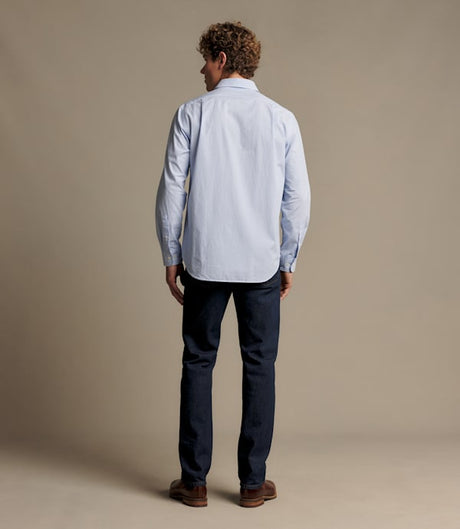 RM Williams Men's Sommers Poplin Stripe Shirt - White Blue, rear fit on model