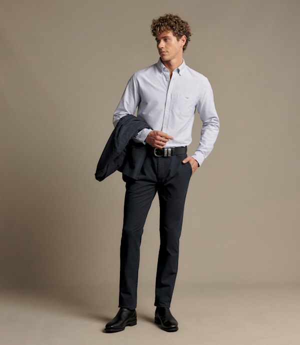 RM Williams Stanley Oxford shirt in navy and white stripes, full outfit on model