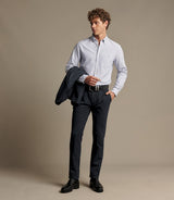 RM Williams Stanley Oxford shirt in navy and white stripes, full outfit on model