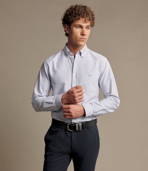 RM Williams Stanley Oxford shirt in navy and white stripes, front fit on model