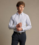RM Williams Stanley Oxford shirt in navy and white stripes, front fit on model