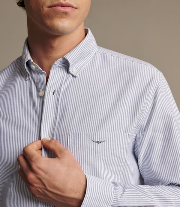 RM Williams Stanley Oxford shirt in navy and white stripes, button-down collar, chest pocket and Longhorn embroidery detail