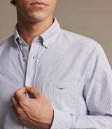 RM Williams Stanley Oxford shirt in navy and white stripes, button-down collar, chest pocket and Longhorn embroidery detail