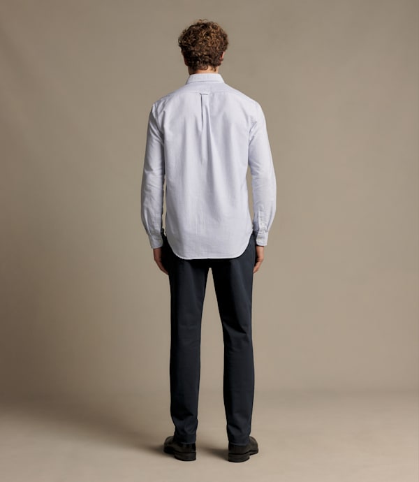 RM Williams Stanley Oxford shirt in navy and white stripes, rear fit on model