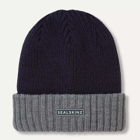 SEALSKINZ Bacton Waterproof Cold Weather Roll Cuff Beanie Hat - Navy / Grey