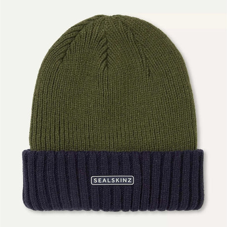 SEALSKINZ Bacton Waterproof Cold Weather Roll Cuff Beanie Hat - Olive / Navy