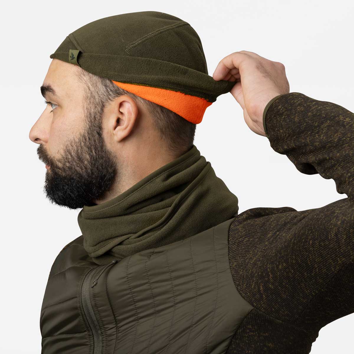 SEELAND Fleece Reversible Beanie Hat - Pine Green / Hi-vis Orange