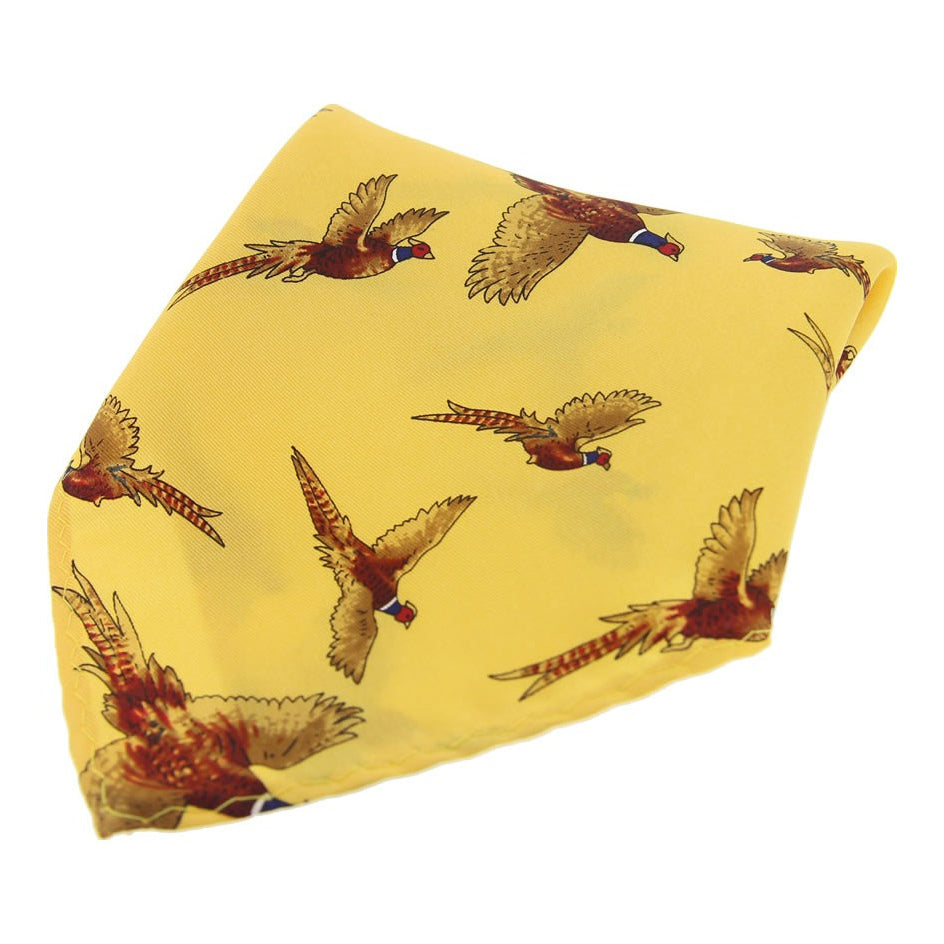Soprano Gold Flying Pheasants Silk Pocket Square