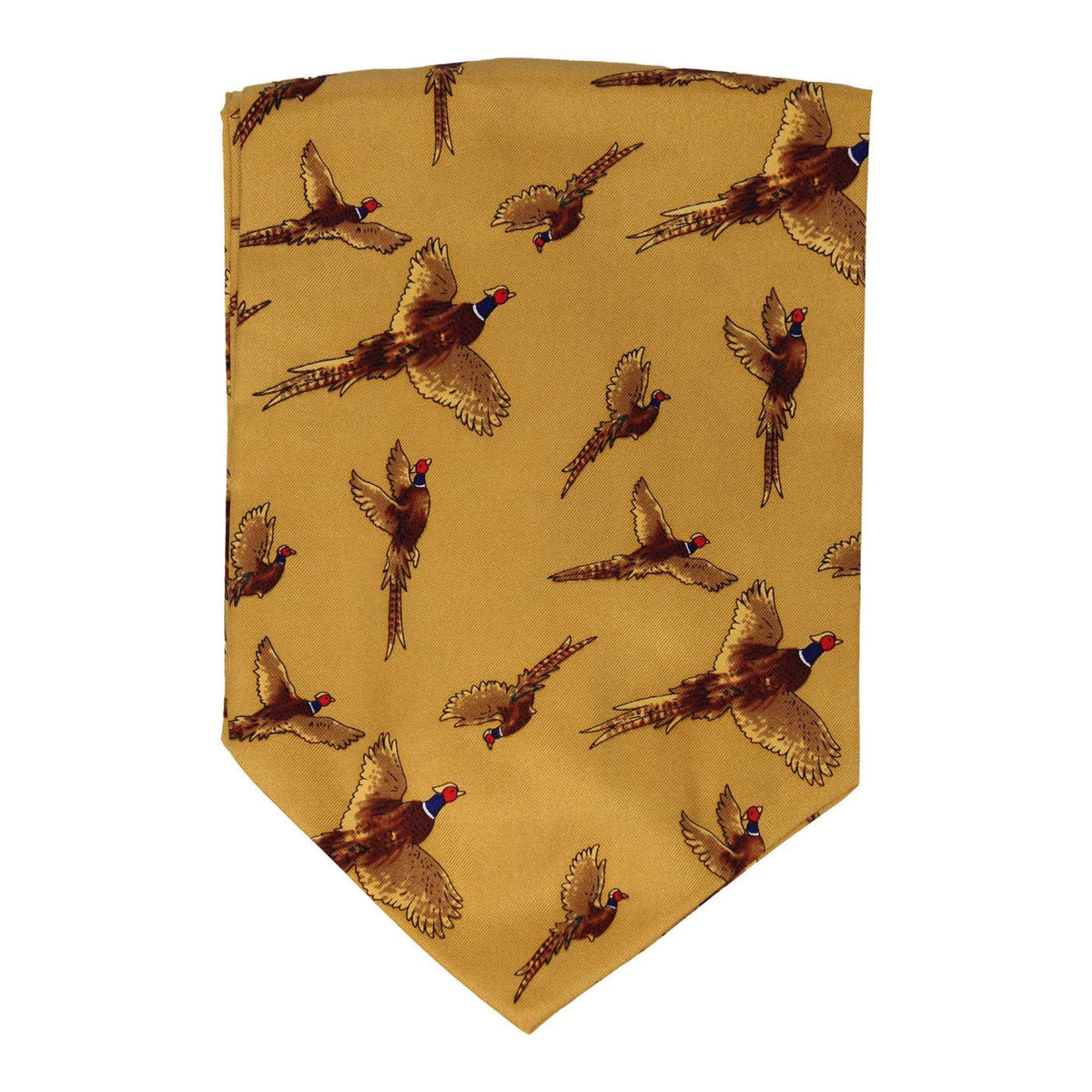 Soprano Silk Twill Flying Pheasant Cravat On Mustard Ground
