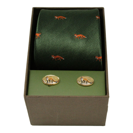 Soprano Foxes on Green Ground Silk Tie & Cufflink Set