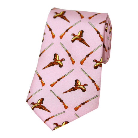 Soprano Pink Printed Silk Flying Pheasant with Shotguns Country Silk Tie