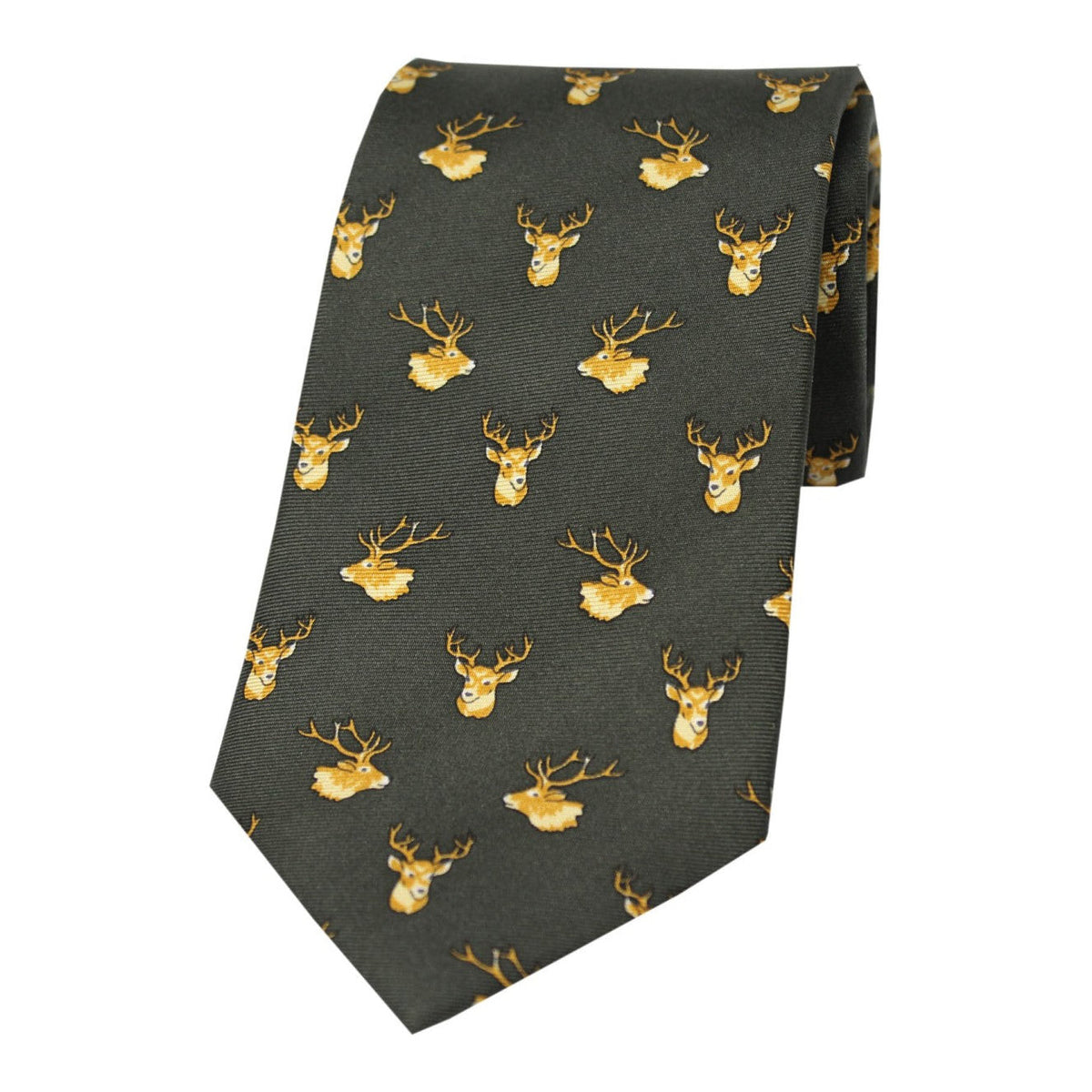 Soprano Stags Heads On Country Green Ground Country Silk Tie