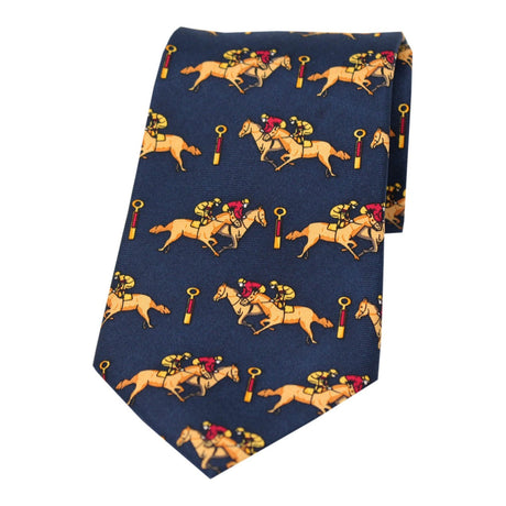 Soprano Racing Jockeys Past The Post On Navy Ground Country Silk Tie