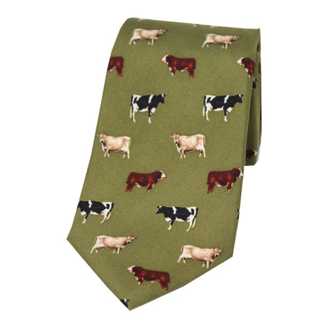 Soprano Different Cow Breeds Printed Men's Silk Tie On a Country Green Background