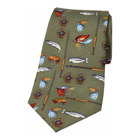 Soprano Fishing Tackle On Country Green Ground Country Silk Tie