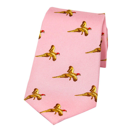 Soprano Flying Pheasants On Pink Ground Country Silk Tie