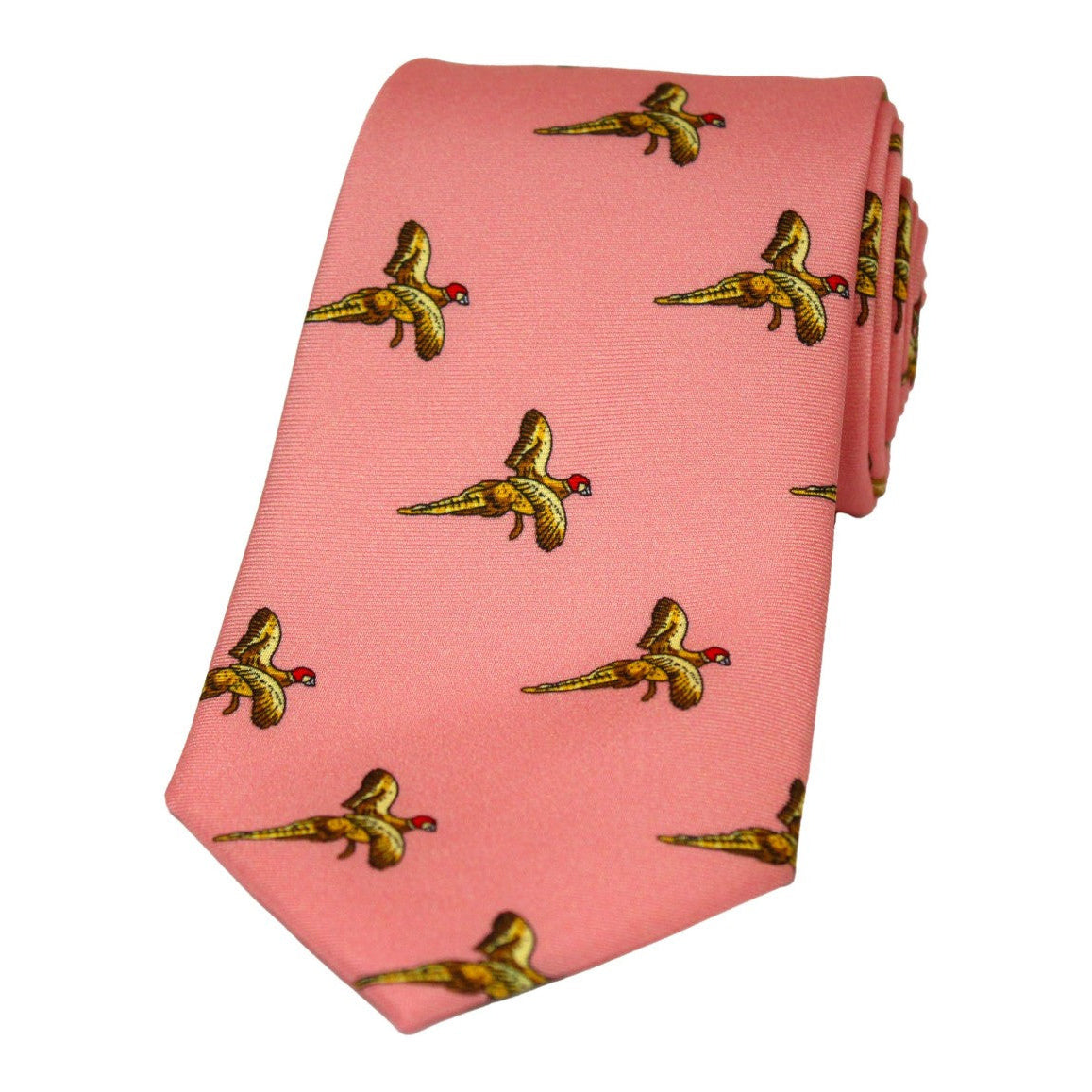 Soprano Flying Pheasants On Salmon Pink Ground Country Silk Tie