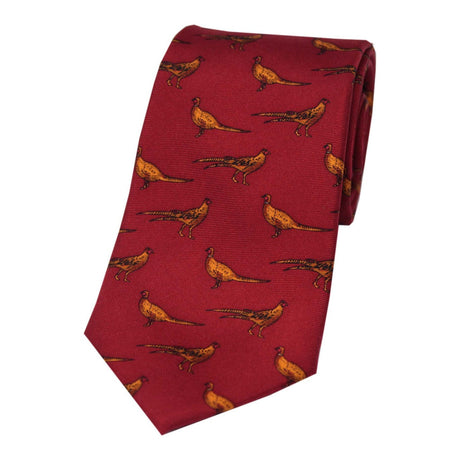 Soprano Standing Pheasants On Red Ground Country Silk Tie