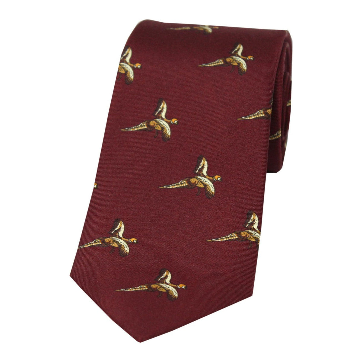 Soprano Flying Pheasant On Wine Ground Country Silk Tie