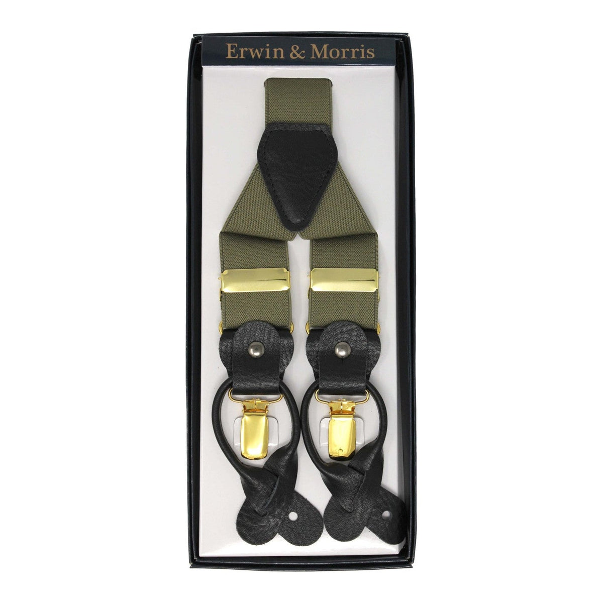 Erwin & Morris Made In UK Moss Green 2 in 1 Luxury 35mm Gilt Clip Or Leather End Trouser Braces
