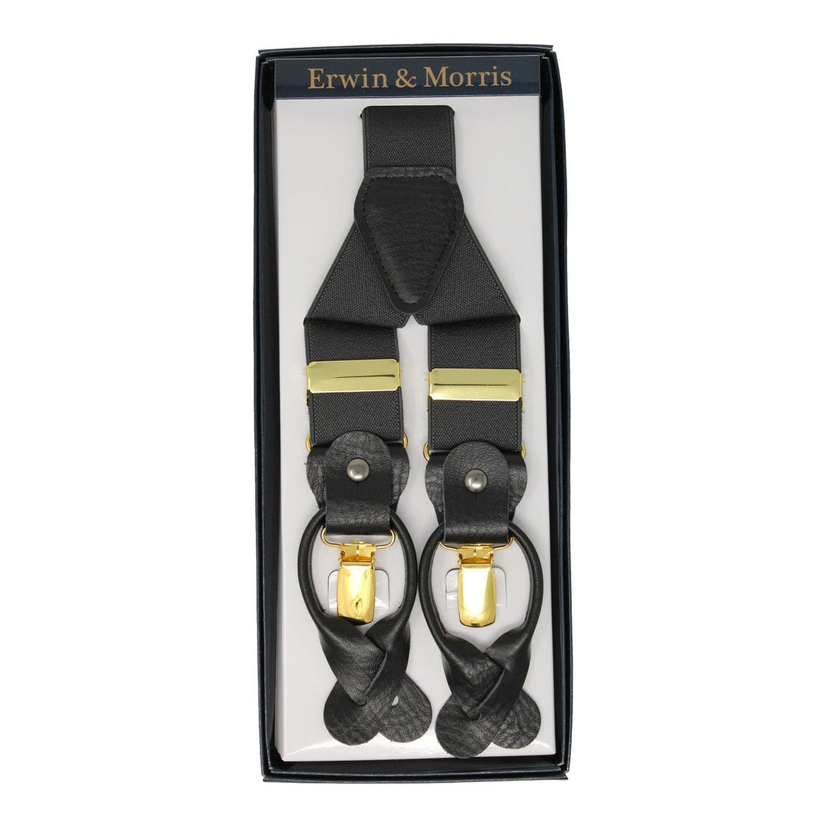 Erwin & Morris Made In UK Charcoal 2 in 1 Luxury 35mm Gilt Clip Or Leather End Trouser Braces