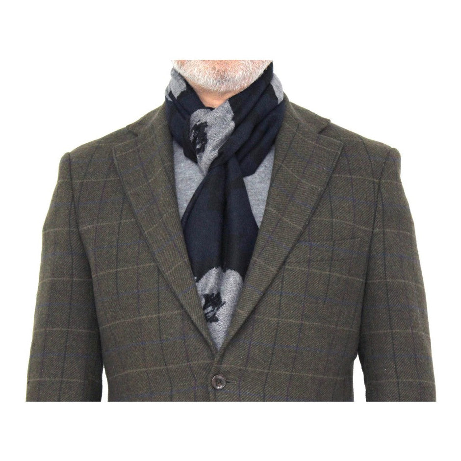 Erwin & Morris Black Blue With Grey Large Flower Scarf Supplied In A Gift Box