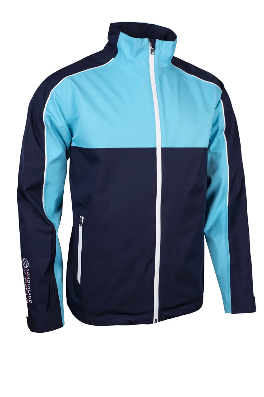 SUNDERLAND Matterhorn Men's Chest and Sleeve Panel Waterproof Golf Jacket - Men's - Navy / Aqua / White
