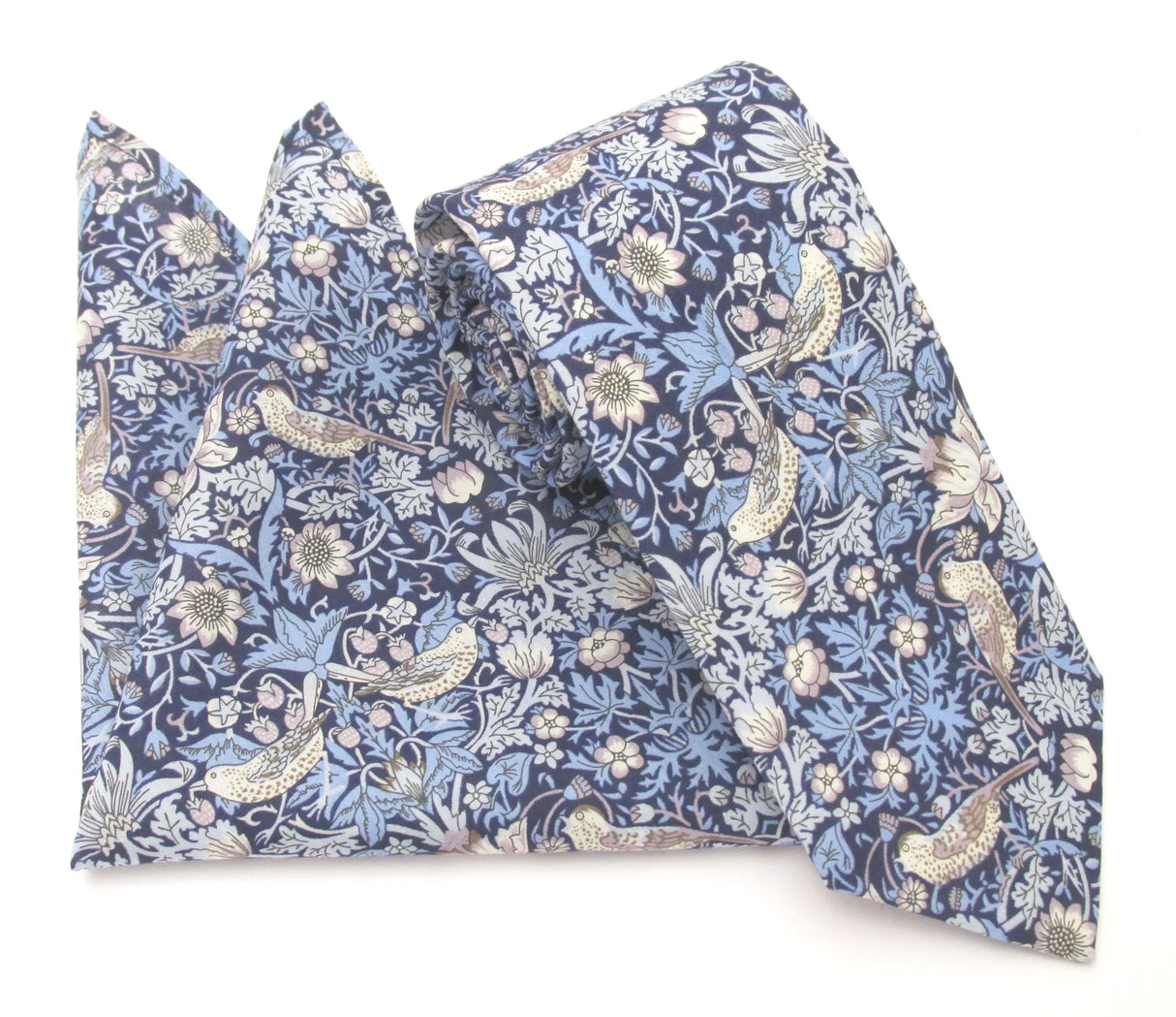 VAN BUCK Liberty Print Cotton Tie & Pocket Square - Strawberry Thief Blue
