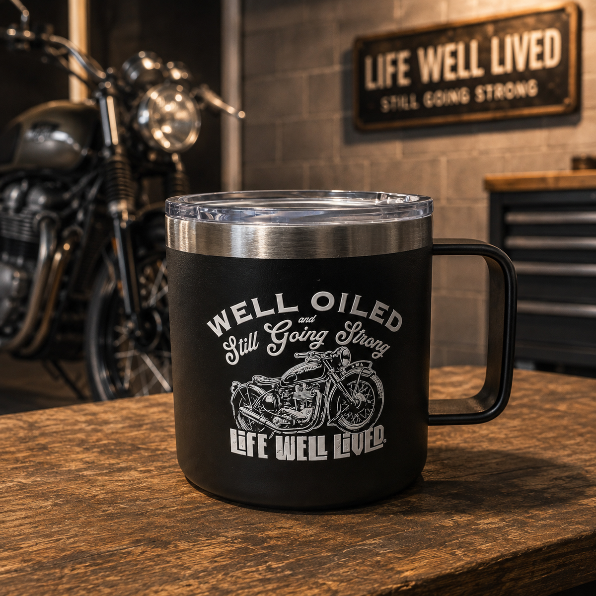LIFE WELL LIVED Well Oiled Bike 14oz Thermal Mug - Black
