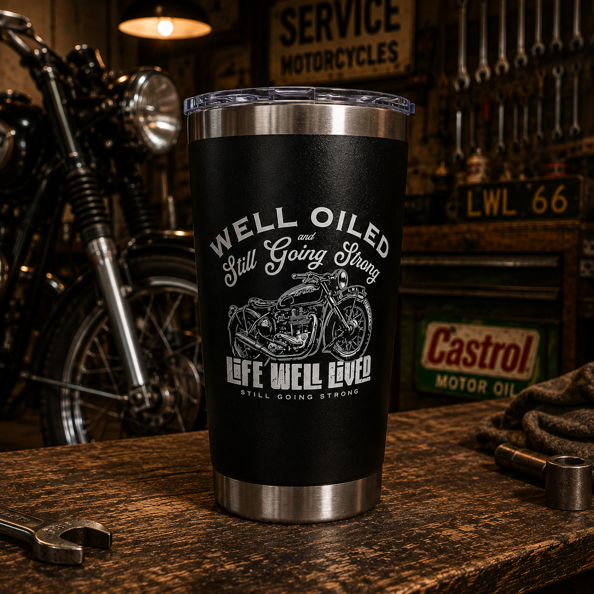 LIFE WELL LIVED Well Oiled Bike 20oz Thermal Tumbler - Black