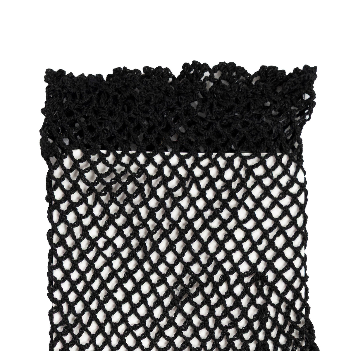 Women's cotton crochet gloves in black - close up of the cuff, palm side up