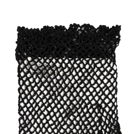 Women's cotton crochet gloves in black - close up of the cuff, palm side up