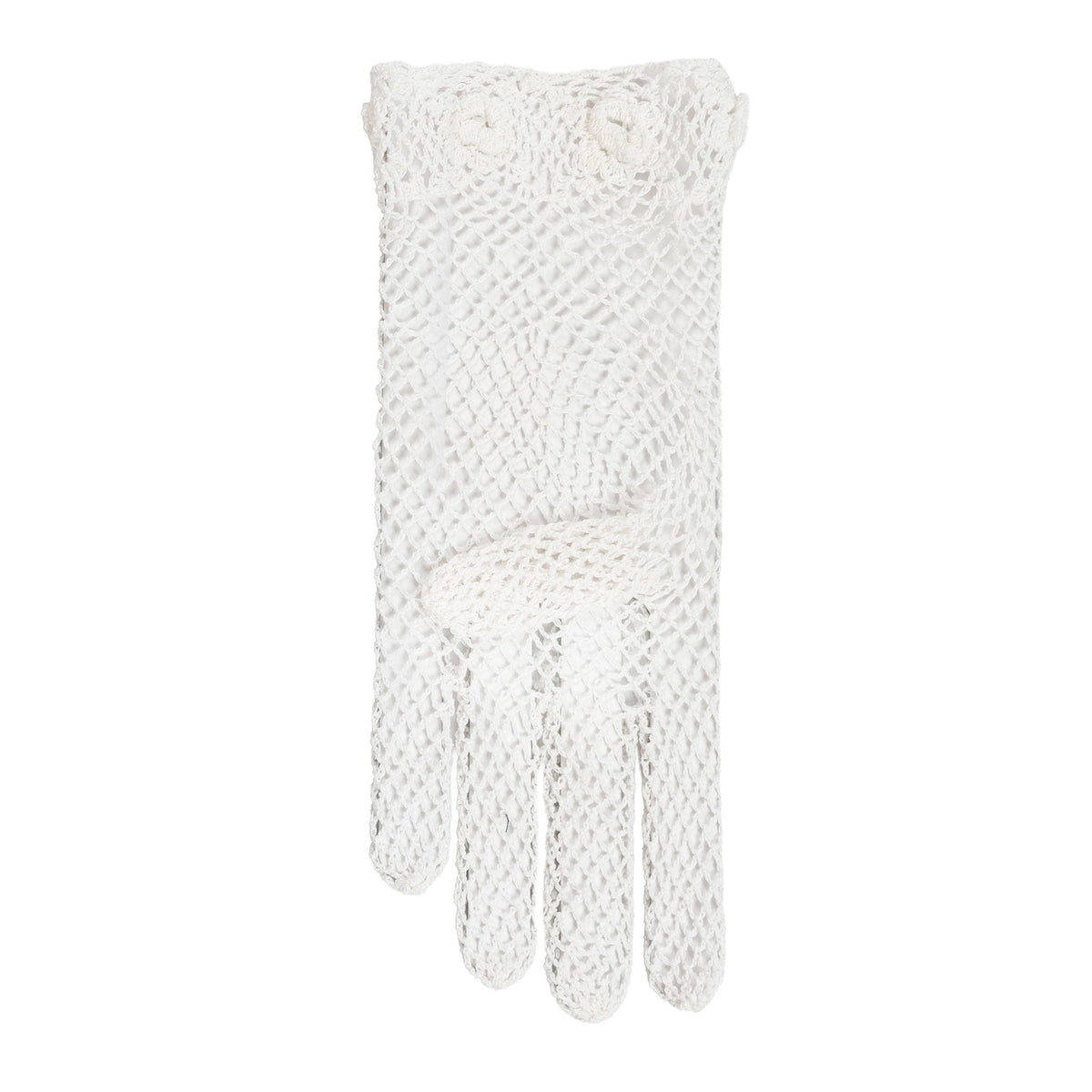 Women's cotton crochet gloves in white - single glove palm side up