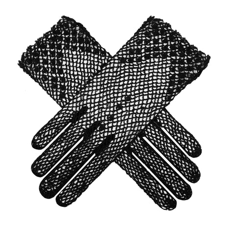 Women's crochet glove in black, crossed position. 