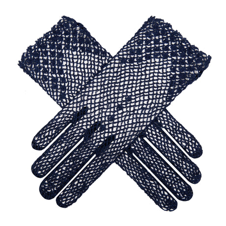 Women's crochet glove in navy, crossed position. 